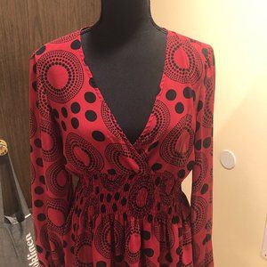 Red and black cinched waist blouse (transparent)